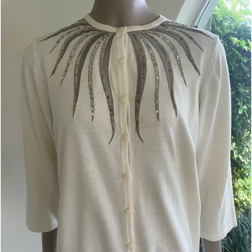 Bob Mackie Cardigan Sweater White/ Cream Silver Beading and Sequins   EUC  XS